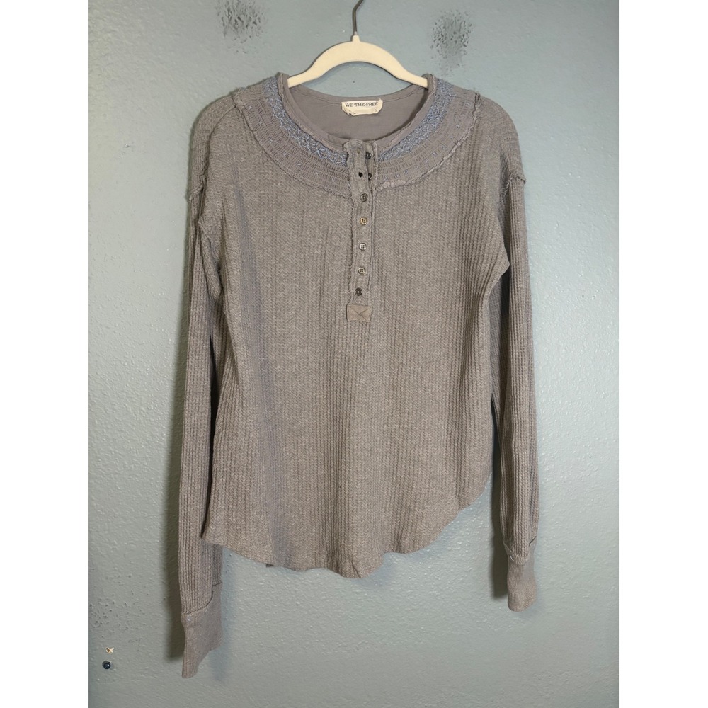 Free People Holly Henley Long Sleeve Top Waffle Knit Grey Blue Embroidered Small - Picture 3 of 11